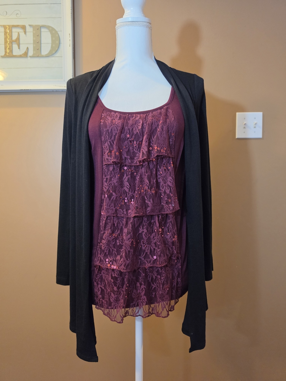 AB Studio Layered Lace & Sequin Chemise in Wine and Black